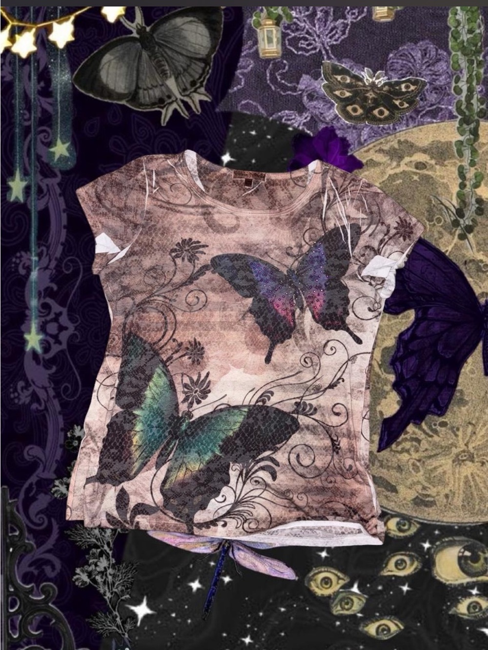 Vintage Suzie Y2K Grunge Butterfly Rhinestone Graphic Tee Brown Fairycore Top